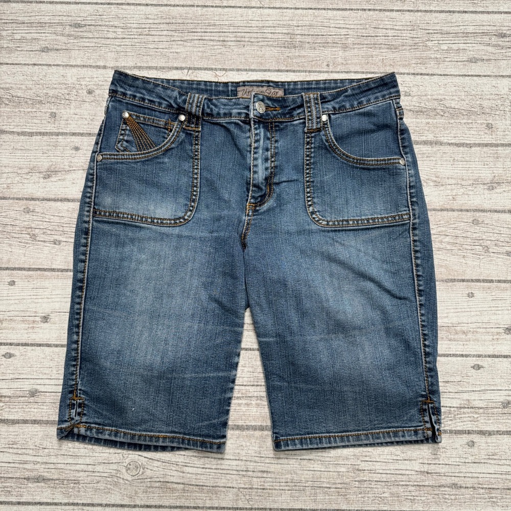 Urban Star Shorts Women's 10 Blue Denim Medium Wash Relaxed Fit Bermuda Utility